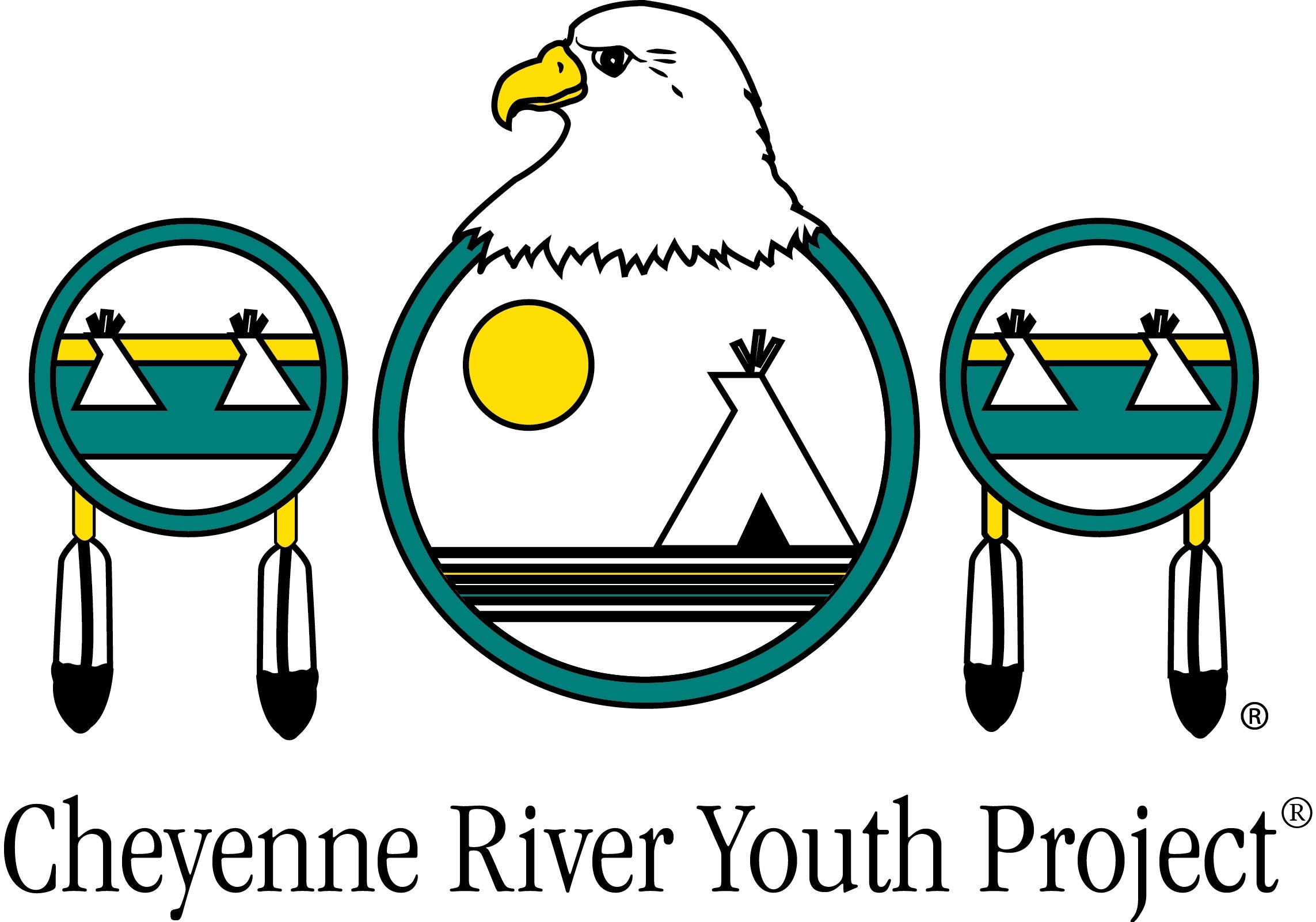 Cheyenne River Youth Project Flag, featuring a bald eagle head with the sun and Teepees across three circles